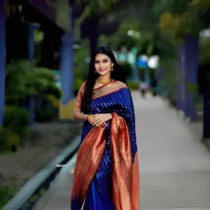 Women Banarasi Jacquard Soft Silk Saree (Navy Blue) With Running Blouse (Red)