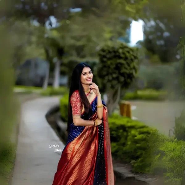 Women Banarasi Jacquard Soft Silk Saree (Navy Blue) With Running Blouse (Red)