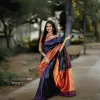 Women Banarasi Jacquard Soft Silk Saree (Navy Blue) With Running Blouse (Red)