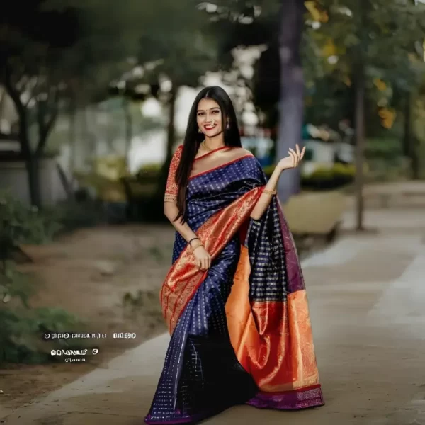 Women Banarasi Jacquard Soft Silk Saree (Navy Blue) With Running Blouse (Red)