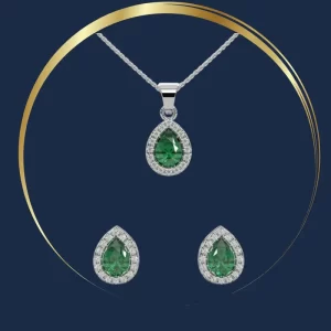 Sterling Silver Green Pear Pendant Chain With Earrings