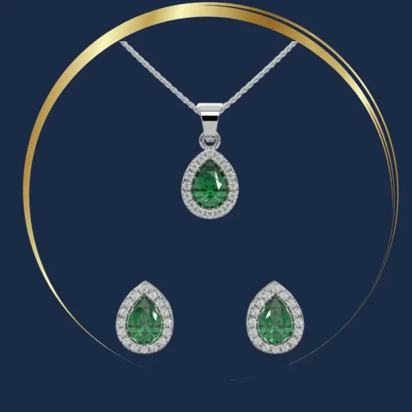 Sterling Silver Green Pear Pendant Chain With Earrings